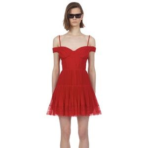 Self Portrait Red Off-the-shoulder Pleated Chiffon Mini Dress (NBW!)